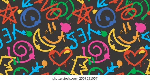 Graffiti street art seamless pattern. Colorful background with hand drawn elements - heart, swirl, arrow, words, crown, star, moon. Paint brush, stained and smudged print for textile, paper, wallpaper
