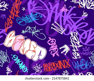 Graffiti street art tags - vector seamless pattern. Rap and hip-hop elements on endless black background. Graffiti design for print tee, apparel and textile design. Hip-hop street art background