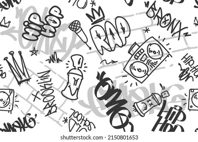 Graffiti street art tags - vector seamless pattern. Rap and hip-hop elements on endless white background. Graffiti design for print tee, apparel and textile design. Hip-hop street art background