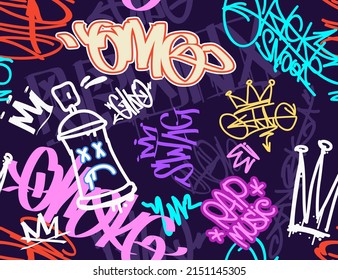 Graffiti street art tags - vector seamless pattern. Rap and hip-hop elements on endless purple background. Graffiti design for print tee, apparel and textile design. Hip-hop street art background