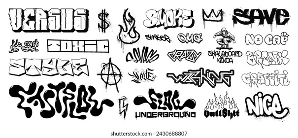 Graffiti street art, urban culture tags, lettering, gothic calligraphy and urban art. Isolated black street graffiti, graphic box with spray effect, inks splash, dripping paint. Hip hop style. Vector