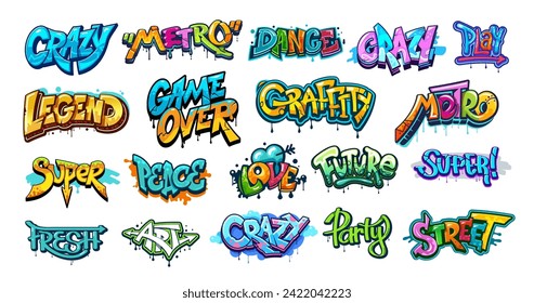 Graffiti street art, urban style. Vector wall writings, cartoon grunge font text with color spray paint blots, drips and brush splatters, arrows, hearts and bubbles. Street art graffiti tags, slogans