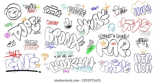 graffiti street art vector lettering set , rap music hip hop culture design elements