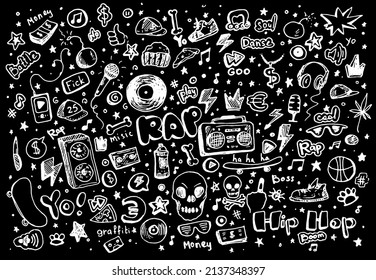 graffiti street hobbies and teenage music. a set of isolated elements drawn in a doodle style with a white isolated line on black for a teenage design template microphone, vinyl record, tape recorde