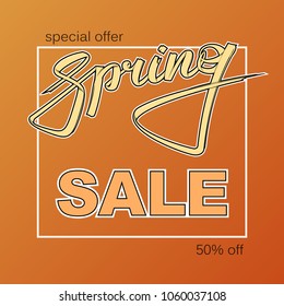 Graffiti street style spring sale text. Lettering discount card special offer spring banner. Background spring sale 50% off banner. Vector advertising title spring. Abstract paper hand lettering card