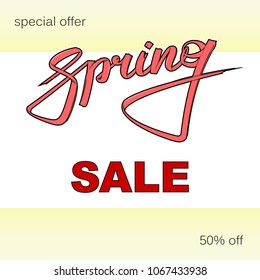 Graffiti street style spring sale text. Lettering discount card special offer spring banner. Background spring sale 50% off banner. Vector advertising title spring. Abstract paper hand lettering card