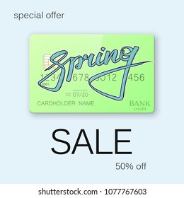 Graffiti street style spring sale text. Lettering discount credit card special offer spring banner. Debet card spring sale 50% off banner. Vector advertising title spring Abstract paper lettering card