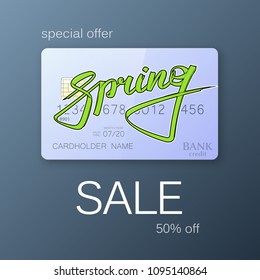 Graffiti street style spring sale text. Lettering discount credit card special offer spring banner. Debet card spring sale 50% off banner. Vector advertising title spring Abstract paper lettering card