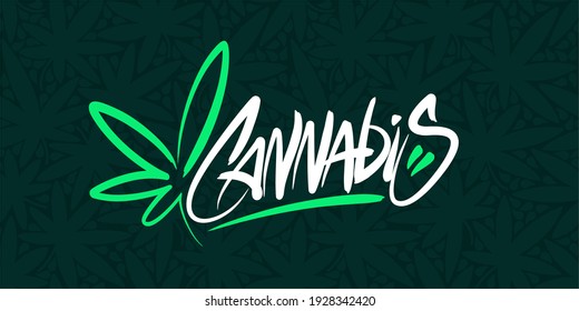 Graffiti Style Abstract Hand Written Word Cannabis With Cannabis Leaf Vector Illustration Art
