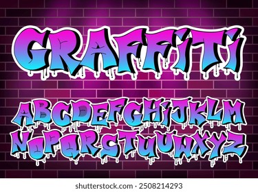 Graffiti Style Alphabet, Gradient Font on dark brick wall in purple and blue shades with dripping elements. Bold, urban lettering. For street art, graphic design, youth-oriented projects. Vector.