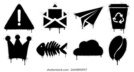 Graffiti Style Black and White Icon Set. Spray Paint Drip Effect. Each icon, including warning sign, mail, paper plane, recycle bin, crown, fishbone, cloud, and coffee bean.