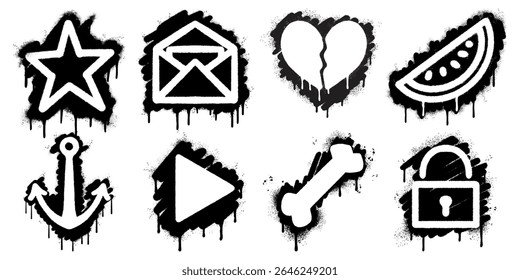 Graffiti Style Black and White Icon Set with Dripping Spray Paint Effect. The icons include a star, envelope, broken heart, watermelon slice, anchor, play button, bone, and padlock.