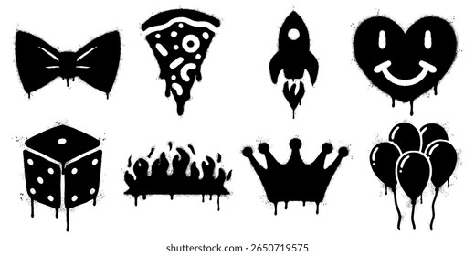 Graffiti Style Black and White Icons with Dripping Spray Paint Effect. Includes a bow tie, pizza slice, rocket, smiley heart, dice, flames, crown, and balloons.