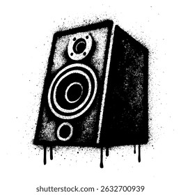 Illustration de style graffiti en noir et blanc d'un haut-parleur avec des effets de peinture au goutte-à-goutte.