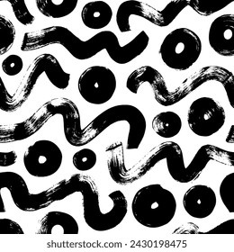 Graffiti style bold brush squiggles and thick circles seamless pattern. Hand drawn abstract scribbles, various organic lines. Brush drawn thick curved smears. Vector black and white seamless pattern