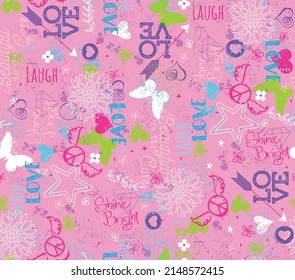 Graffiti style butterflies, peace signs, and words of inspiration repeating in a vector pattern for girls. Seamless vector patterns are great for backgrounds, wallpaper, and surface designs.