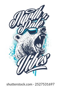 Graffiti style calligraphic letters and roaring polar bear in sunglasses. Street art design for t shirt, apparel and streetwear. Vector EPS10 illustration.