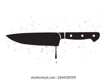 Graffiti Style Chef Knife Stencil with Black Paint Drips on White Background.	