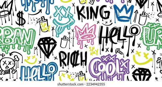 Graffiti style drawing elements and grunge texts. Seamless pattern repeating texture background.