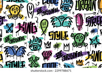 Graffiti style drawing elements   grunge texts  Seamless pattern repeating texture background  Urban street art design 