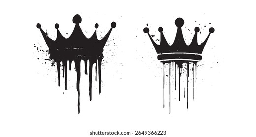 Graffiti style dripping black crown symbol with ink splatter vector illustration isolated on white background urban grunge royalty sign modern street art element punk decoration paint style