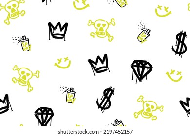 Graffiti style element drawings. Crown, diamond, skull. Seamless pattern repeating texture background design for fashion fabrics, textile graphics, prints.