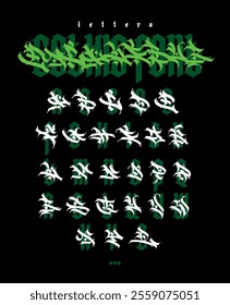 Graffiti style, English alphabet. Vector. Graffiti letters, tags and medieval Latin letters. Signs and symbols for design. Calligraphy, lettering and tags. Modern interpretation of Gothic.