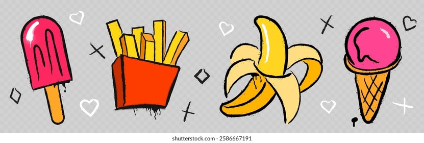 Graffiti style fast food icons with rough edges. Pink popsicle, french fries pack, peeled banana, ice cream cone decorated with hearts and crosses on transparent background. Street art snacks pattern.