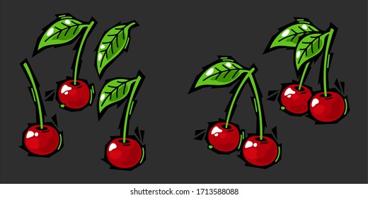 Conjunto De Cerezas Frescas Al Estilo Del Grafiti. Ilustración de vectores aislados