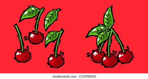 Graffiti Style Fresh Cherries Assorted Set. Isolated Vector Illustration