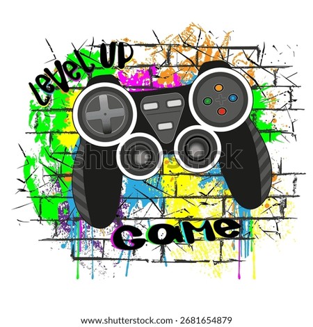 Graffiti style gaming controller with colorful splashes on a brick wall. Urban street art design with Level Up Game text, perfect for t-shirts and gamer merch.