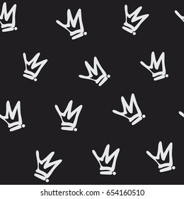 Graffiti style hand drawn crown seamless pattern. Isolated on black background. Texture for print, textile, t-shirt, fabric, wallpaper, card , poster, home decor, packaging, and wrapping paper.