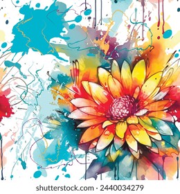 Graffiti-Stil Hand gezeichnete Farbe Blüte Master Blumen nahtlose Muster. Schmutziger Aquarellhintergrund mit Schnörkeln, Kritzeleien, Spritzer, Spritzer. Malen von Blumen, Blättern. Endlose Grunge-Textur