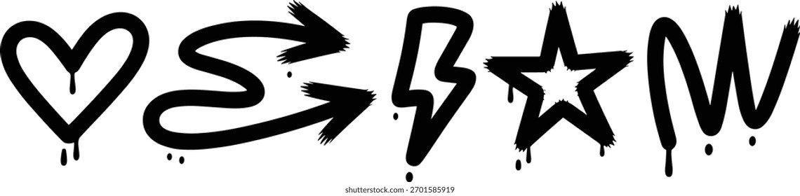 Graffiti Style Heart Arrow Lightning Bolt Star and Wavy Line Symbols Dripping Paint