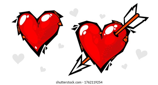 Graffiti Style Hearts And Arrow Assorted Set. Isolated Vector Illustration Art