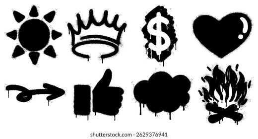 graffiti style icon set with black spray stencil elements. arrow, crown, heart, cloud, flame, sun, thumbs up, and dollar sign. Grunge, dripping paint texture gives strong street art aesthetic.