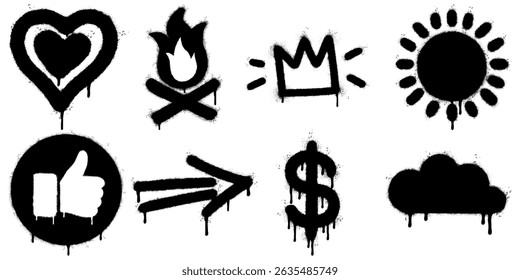 graffiti style icon set with black spray stencil elements. arrow, crown, heart, cloud, flame, sun, thumbs up, and dollar sign. Grunge, dripping paint texture gives strong street art aesthetic.