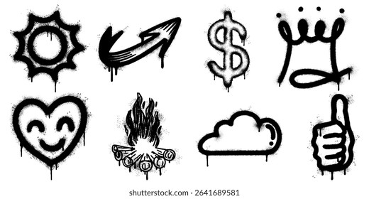 graffiti style icon set with black spray stencil elements. arrow, crown, heart, cloud, flame, sun, thumbs up, and dollar sign. Grunge, dripping paint texture gives strong street art aesthetic.