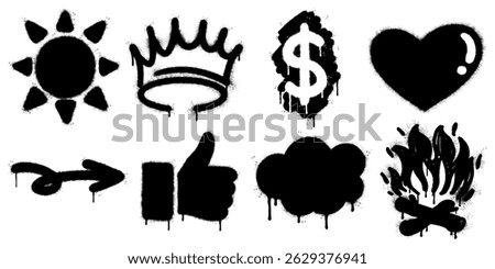 graffiti style icon set with black spray stencil elements. arrow, crown, heart, cloud, flame, sun, thumbs up, and dollar sign. Grunge, dripping paint texture gives strong street art aesthetic.