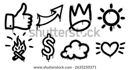 graffiti style icon set with black spray stencil elements. arrow, crown, heart, cloud, flame, sun, thumbs up, and dollar sign. Grunge, dripping paint texture gives strong street art aesthetic.
