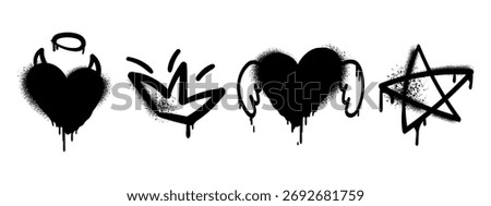 Graffiti Style Icons set with dripping hearts, crown, wings, devil horns, halo, and pentagram in spray paint stencil style for streetwear design, tattoo art, posters, covers, stickers, branding.Vector