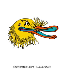 Graffiti style illustration of an angry and aggressive kiwi head, a flightless bird native to New Zealand, looking to side on isolated background in cartoon full color.