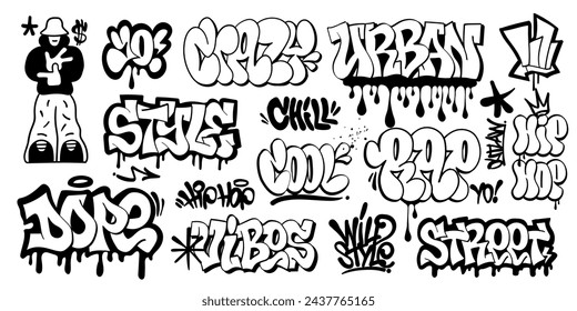 Graffiti style lettering  words sign and symbol vector set  , isolated graphic hip hop culture  elements