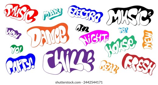 Graffiti style lettering  words vector doodle set , music dance party background isolated design elements
