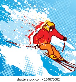 Graffiti style mountain-skier on a winter background