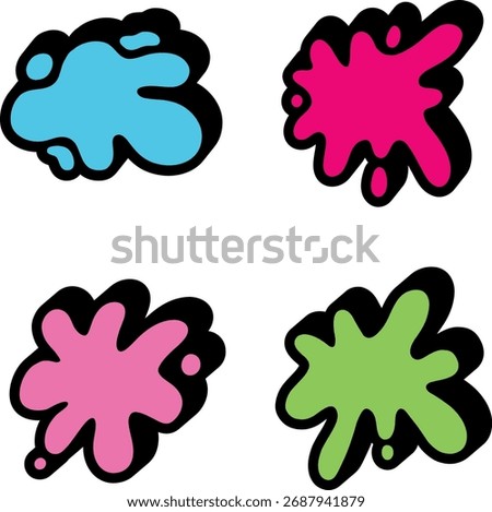 Graffiti style paint splat icons. A collection of colorful cartoon splash shapes with a bold black outline for street art or pop art designs.