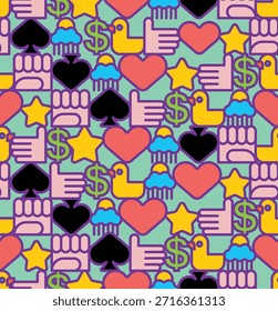 Padrão de estilo de grafite perfeito. Símbolos secretos de patos, corações e punhos do fundo da época