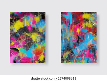 Graffiti style poster art set. Street art with splashes of paint, inscriptions. Design elements for covers and wall decorations. Cartoon flat vector.