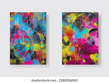 Graffiti style poster art set. Street art with splashes of paint, inscriptions. Design elements for covers and wall decorations. Cartoon flat vector.