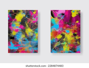 Juego de afiches al estilo del graffiti. Arte callejero con pinturas y inscripciones. Elementos de diseño para cubiertas y decoraciones de pared. Vector plano de dibujos animados.
